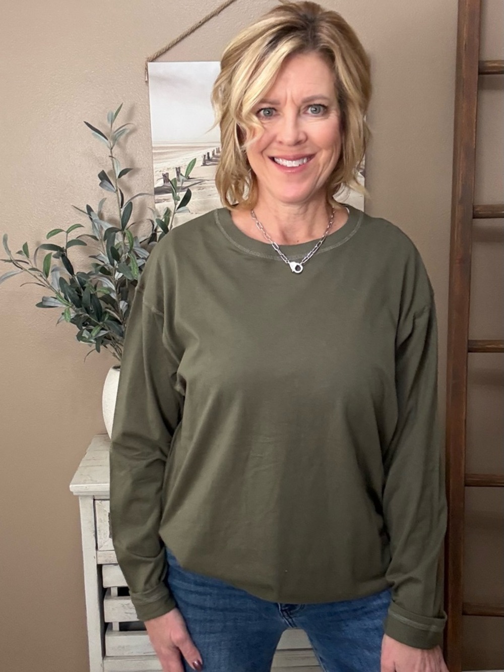Olive Long-Sleeve Crewneck Basic Top - Classic Everyday Style